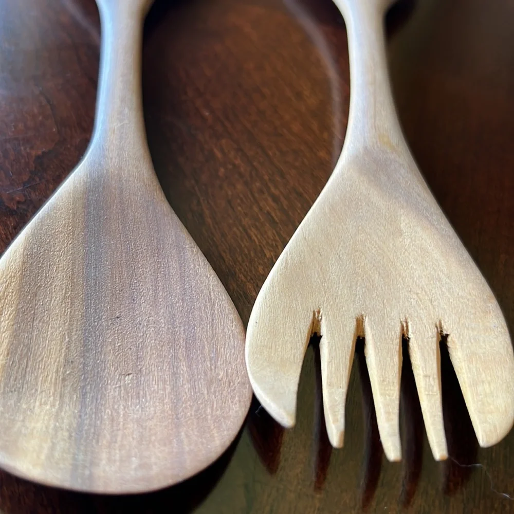 Vintage Small Wooden salad servers carved Elephant design